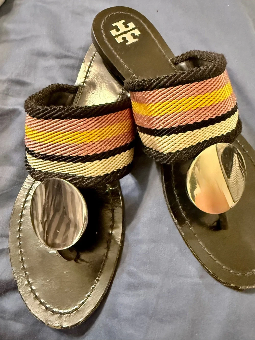 Tory Burch Multicolor Striped Leather Slide Sandals with Gold Medallion